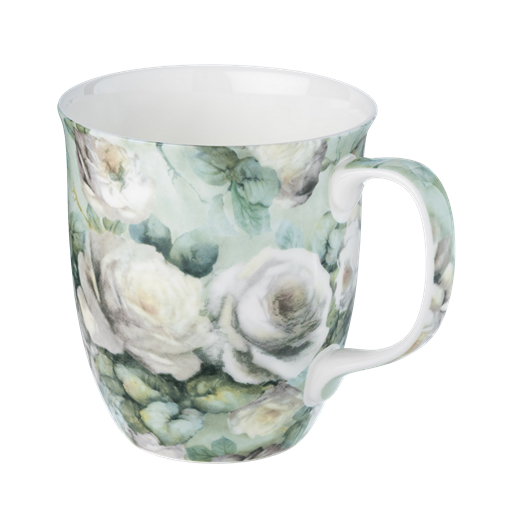 Chintz White Roses Java mug white rose floral design fine bone china 12.5 oz McIntosh Mugs front view, handle right