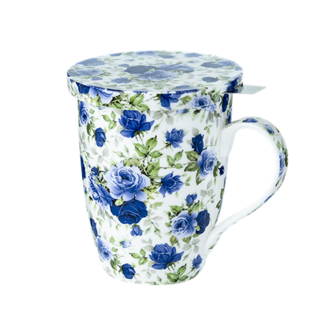 Chintz Dark Blue Roses Tea Mug w/ Infuser and Lid