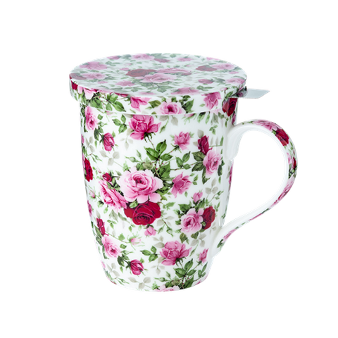 Chintz Red & Pink Roses Tea Mug w/ Infuser and Lid