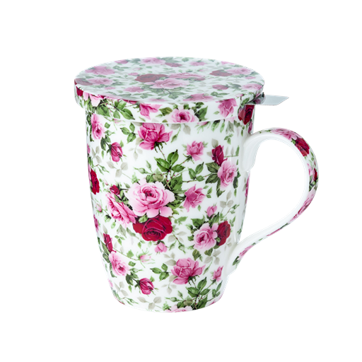 Chintz Red & Pink Roses Tea Mug w/ Infuser and Lid