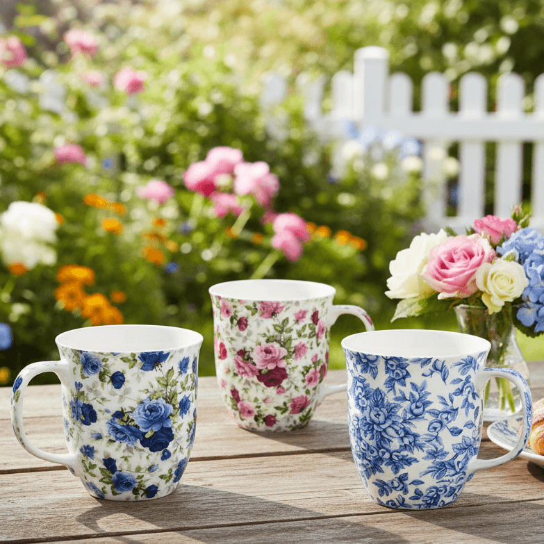 Three floral mugs on a wooden table with a garden background. Red and Pink Roses, Light Blue Roses, and Dark Blue Roses chintz designs on a white background.