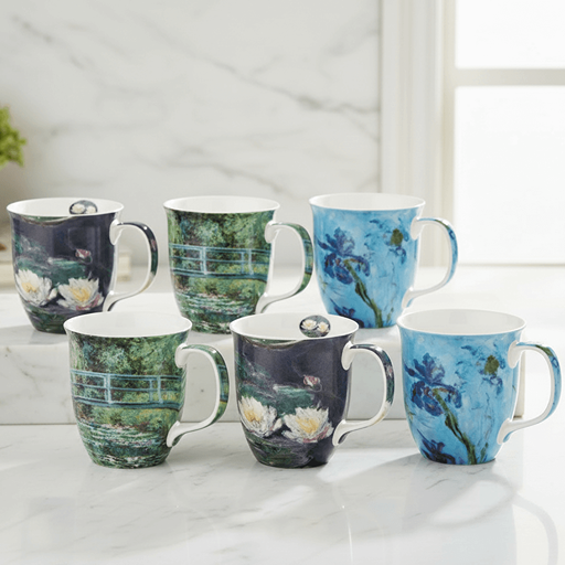 An set of six Java mugs, each one showcasing a different masterpiece from Claude Monet. Featuring Water Lilies, The Japanese Bridge, and Lilac Irises on a Marble kitchen background. 