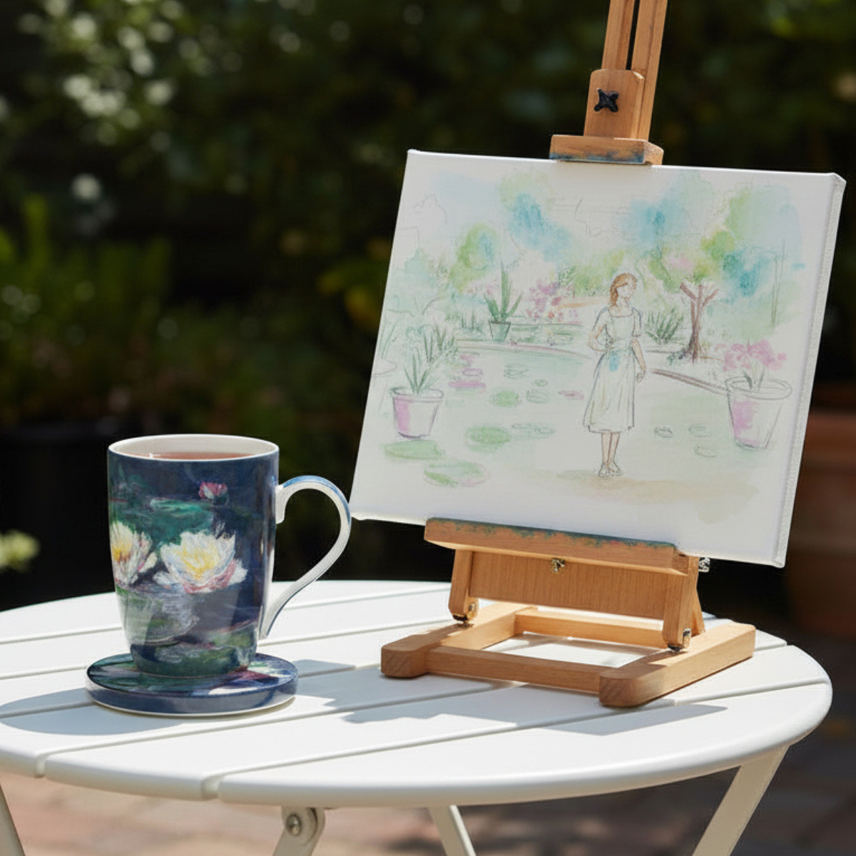 A large mug with Monet Waterlilies design is on a dining table with a painting
