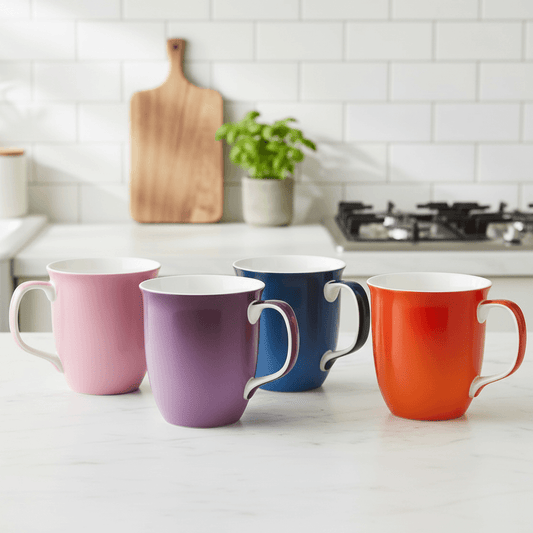 Four colorful mugs Cobalt Blue, Tangerine, Aubergine, and Ballerina Pink on a kitchen counter.