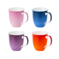 Four colorful mugs in Cobalt Blue, Tangerine, Aubergine, and Ballerina Pink on a white background.