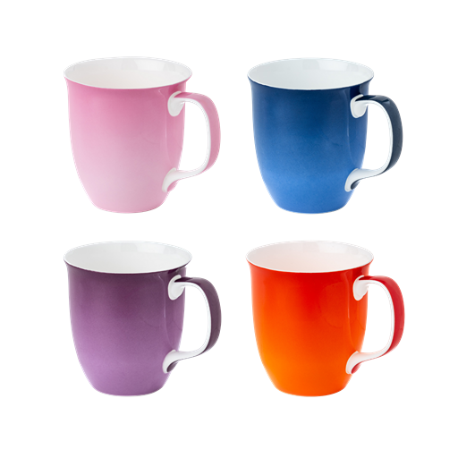 Colors Java mug set of four featuring cobalt blue tangerine aubergine and ballerina pink fine bone china 12.5 oz McIntosh Mugs front view, handle right