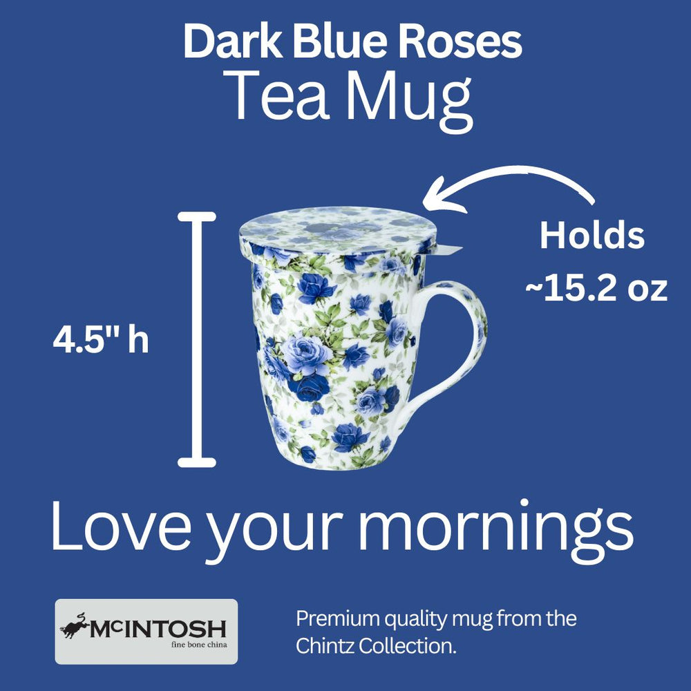 Chintz Dark Blue Roses Tea Mug w/ Infuser and Lid