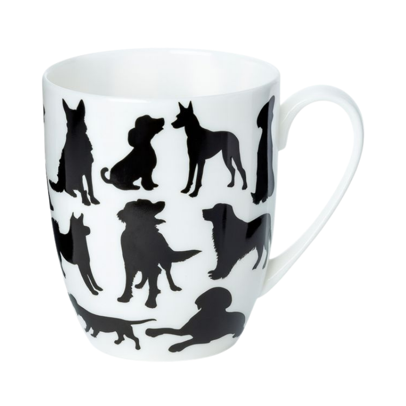 Fine bone china mug with black dog silhouettes on a white background.
