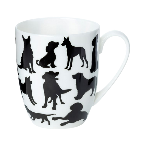 Fine bone china mug with black dog silhouettes on a white background.