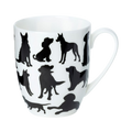 Fine bone china mug with black dog silhouettes on a white background.