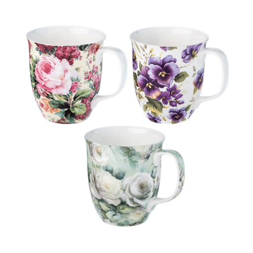 A set of three fine bone china mugs with floral chintz patterns, featuring designs Chintz White Roses, Rose Bouquet, and Purple Pansies.