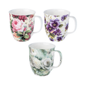 A set of three fine bone china mugs with floral chintz patterns, featuring designs Chintz White Roses, Rose Bouquet, and Purple Pansies.