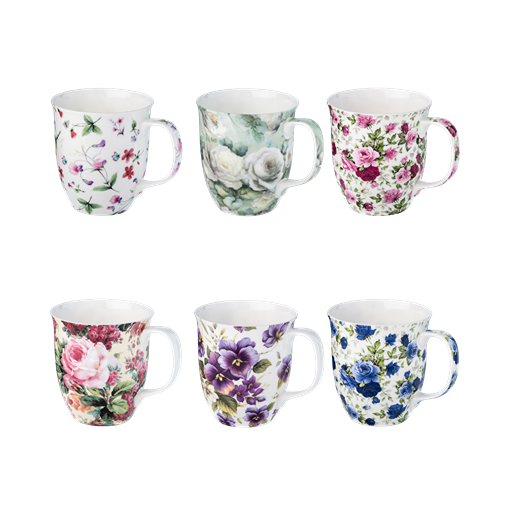 Six floral Chintz mugs with various patterns featuring roses, sweet peas and violas, handle right, 12.5 oz (375 ml).