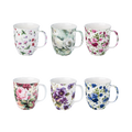 Six floral Chintz mugs with various patterns featuring roses, sweet peas and violas. 