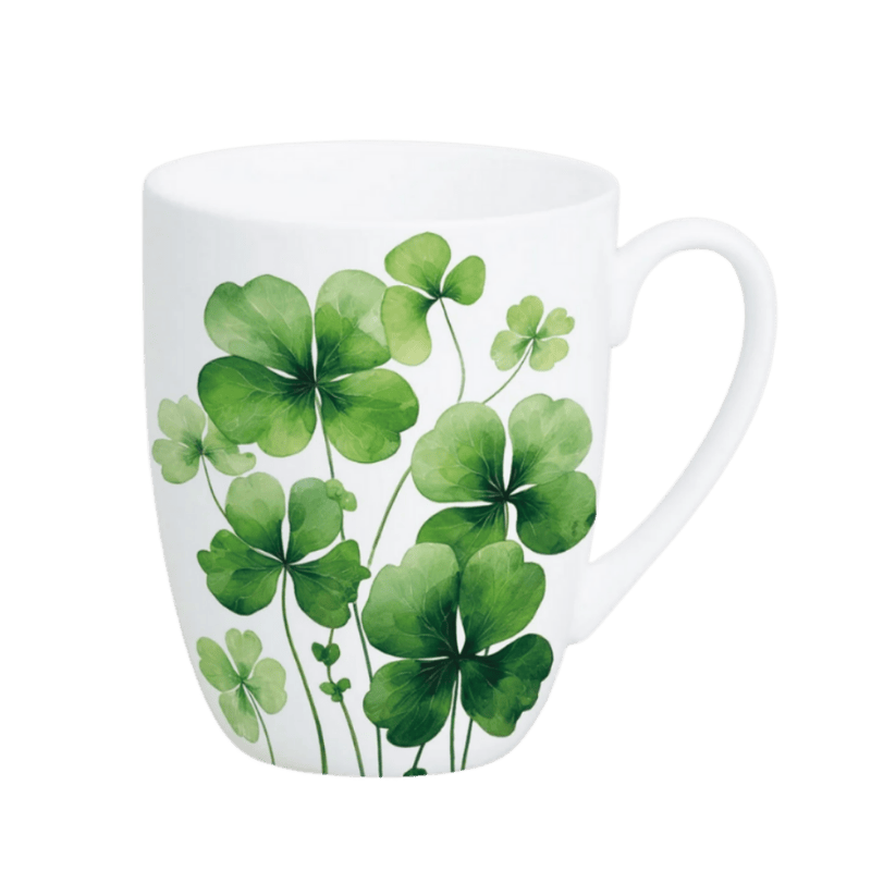 A Four leaf clover design on a white fine bone china Latte mug. 12.5 oz capacity, microwave and dishwasher safe. 