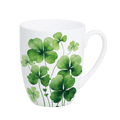 A Four leaf clover design on a white fine bone china Latte mug. 12.5 oz capacity, microwave and dishwasher safe. 