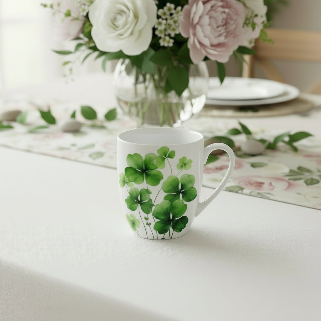 A white mug with a four leaf clover design on a table with floral arrangement and plates in the background.