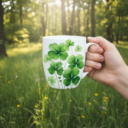 Hand holding a mug with a four leaf clover design in a forest setting.