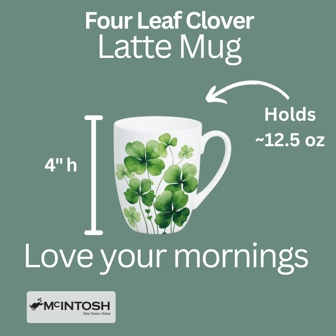 Four leaf clover bone china latte mug infocard with 4" height and 12.5 oz capacity written on a green background.