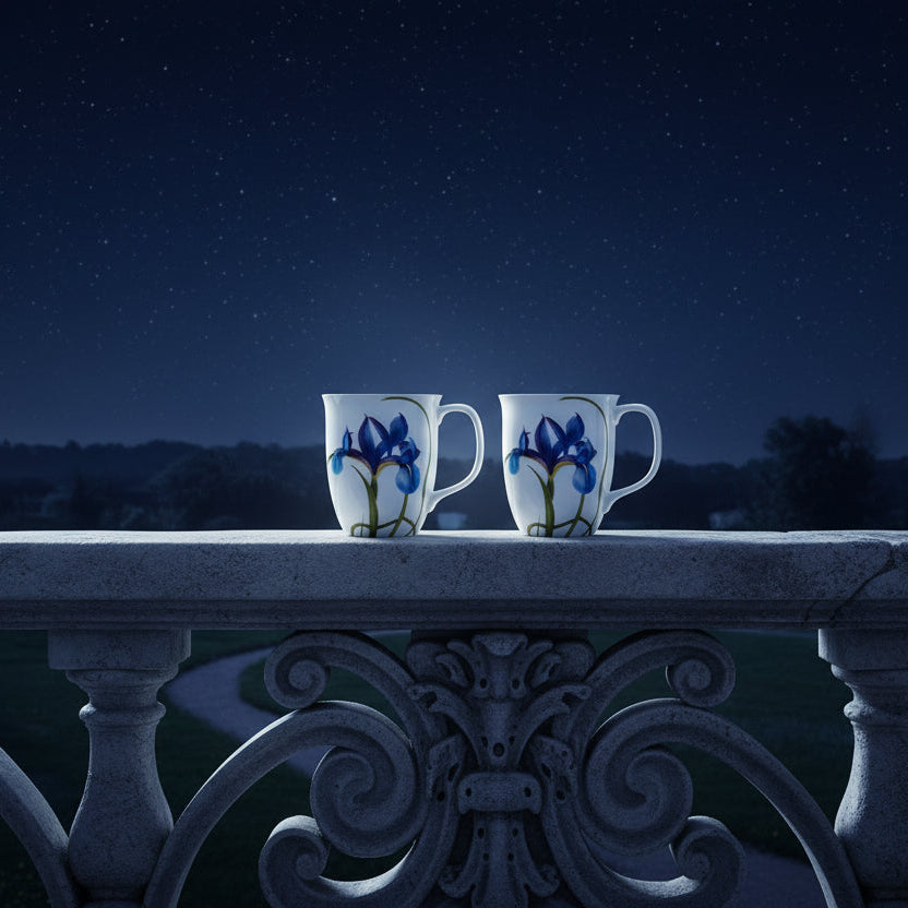 Garden Collection Blue Iris Java mugs in an evening balcony setting