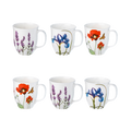 Set of six mugs with floral designs on a white background featuring two of each print Poppies, Blue Iris, and Lavender.