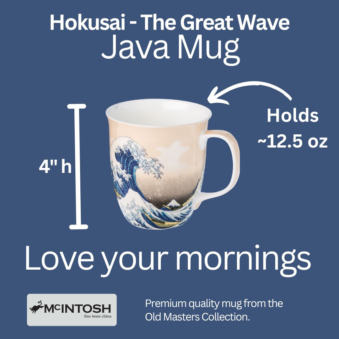The Great Wave Java mug size guide showing 12.5 oz (375 ml), 4 in high