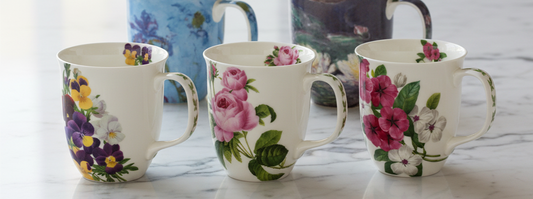 Bundle of 5 Java Mug in fine bone china, front view, handle right, various designs