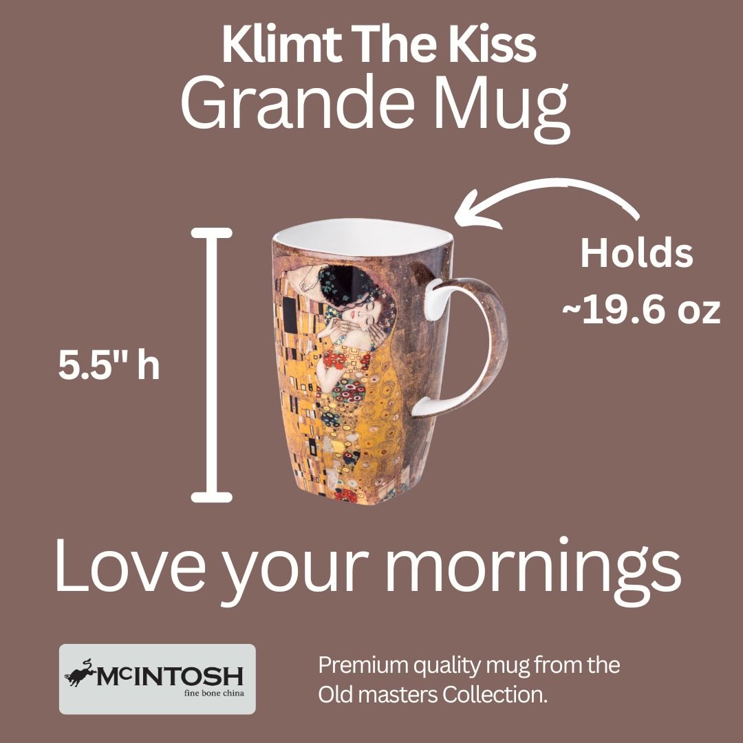 Klimt The Kiss Grande Mug size guide, fine bone china, capacity: 580 ml / 19.6 oz, height: 5.5 in, 3.5 in wide