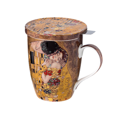 Klimt The Kiss tea mug with infuser, 15.2 oz (450 ml) fine bone china, front view, handle right.