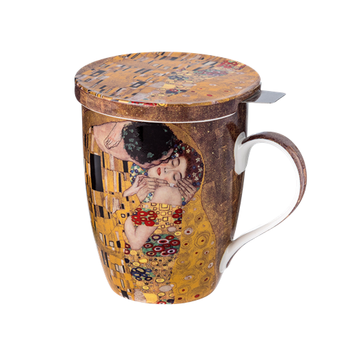 Klimt The Kiss tea mug with infuser, 15.2 oz (450 ml) fine bone china, front view, handle right.
