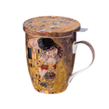 Klimt The Kiss tea mug with infuser, 15.2 oz (450 ml) fine bone china, front view, handle right.