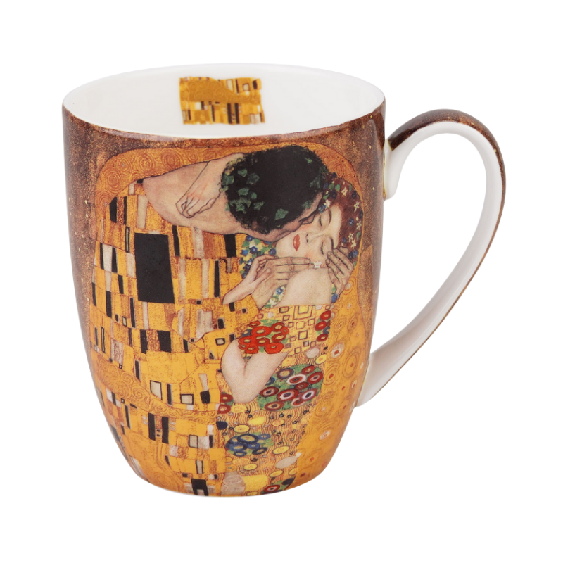 Latte Mug with 'The Kiss' artwork by Gustav Klimt on a white background. 12.5 oz capacity. 