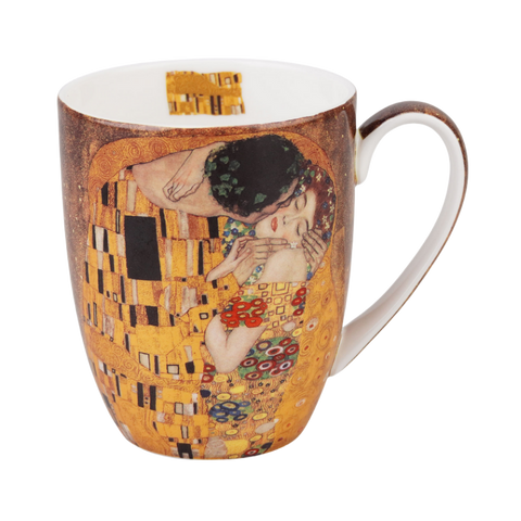 Latte Mug with 'The Kiss' artwork by Gustav Klimt on a white background. 12.5 oz capacity. 