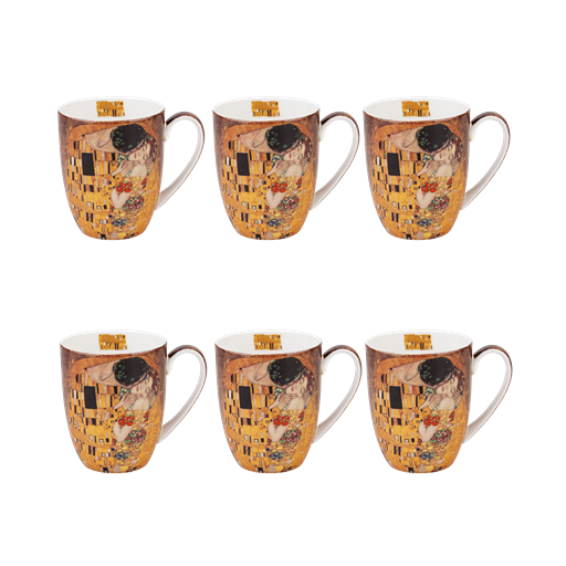 Set of six Java mugs with The Kiss artwork by Gustav Klimt on a white background. 375 ml capacity. 