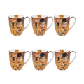Set of six Java mugs with The Kiss artwork by Gustav Klimt on a white background. 375 ml capacity. 