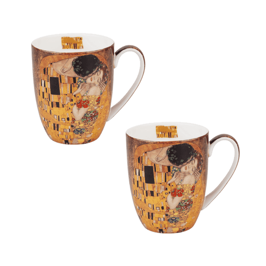 Two Latte mugs with 'The Kiss' artwork by Gustav Klimt on a white background. Made of fine bone china. 12.5 oz capacity. 