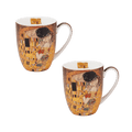 Two Latte mugs with 'The Kiss' artwork by Gustav Klimt on a white background. Made of fine bone china. 12.5 oz capacity. 