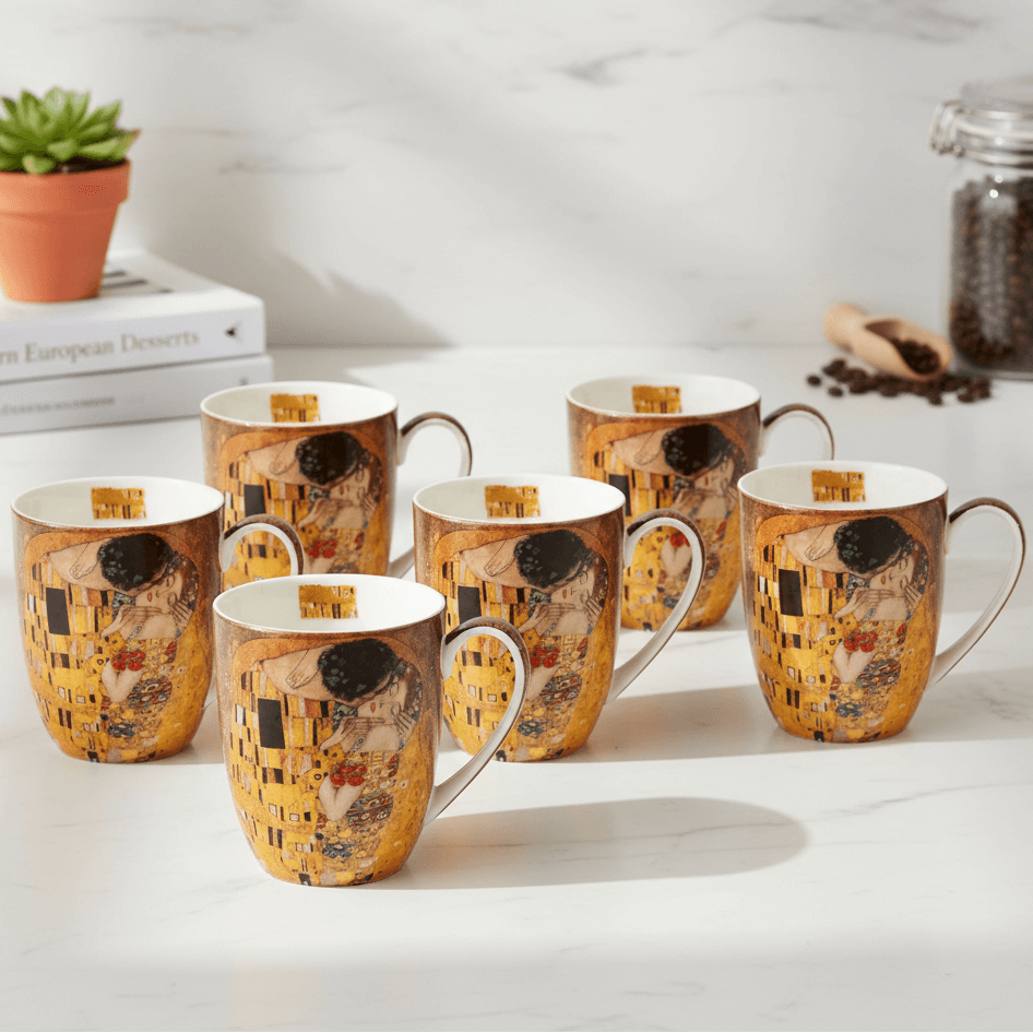 Set of six Java mugs with The Kiss artwork by Gustav Klimt on a white marble kitchen counter. 