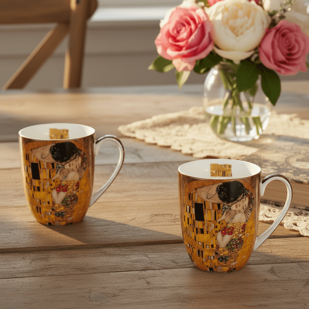 Two Klimt The Kiss fine bone china mugs with displayed on a wooden table with florals in the background.
