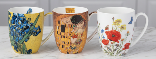 Bundle 3 Latte Mugs in fine bone china, front view, handle right, countertop featuring designs Van Gogh Irises, Klimt The Kiss, and Wildflowers Red