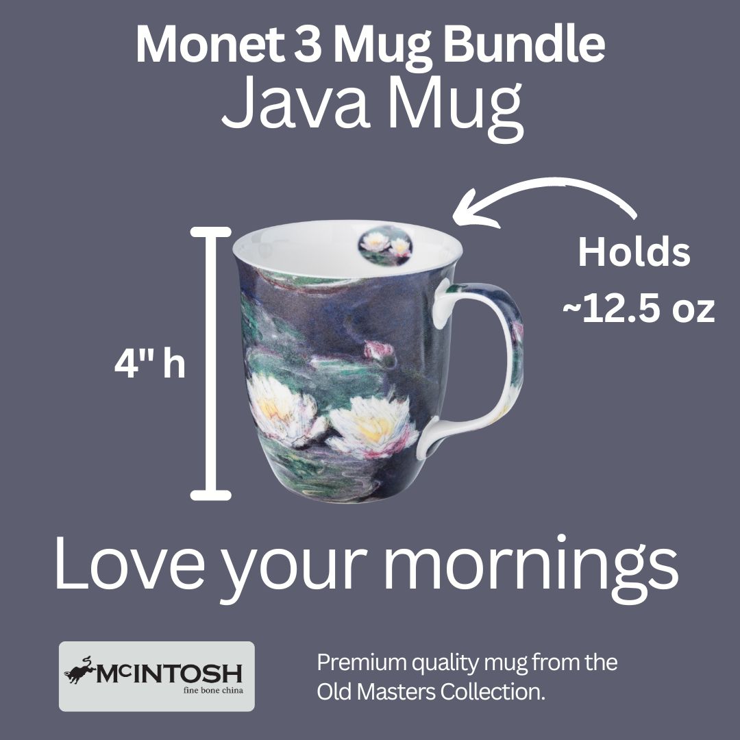 Information card: Java mugs are 4" high, 3.5" wide and holds 12.5 oz of liquid.