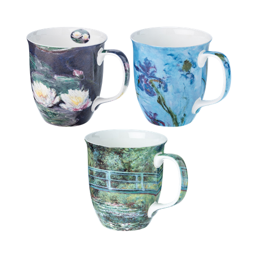 Claude Monet Java mug set of three featuring Water Lilies The Japanese Bridge and Lilac Irises fine bone china 12.5 oz McIntosh Mugs front view, handle right