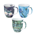 A set of three fine bone china mugs, each with the art of Claude Monet in prints Water Lilies, The Japanese Bridge, and Lilac Irises.