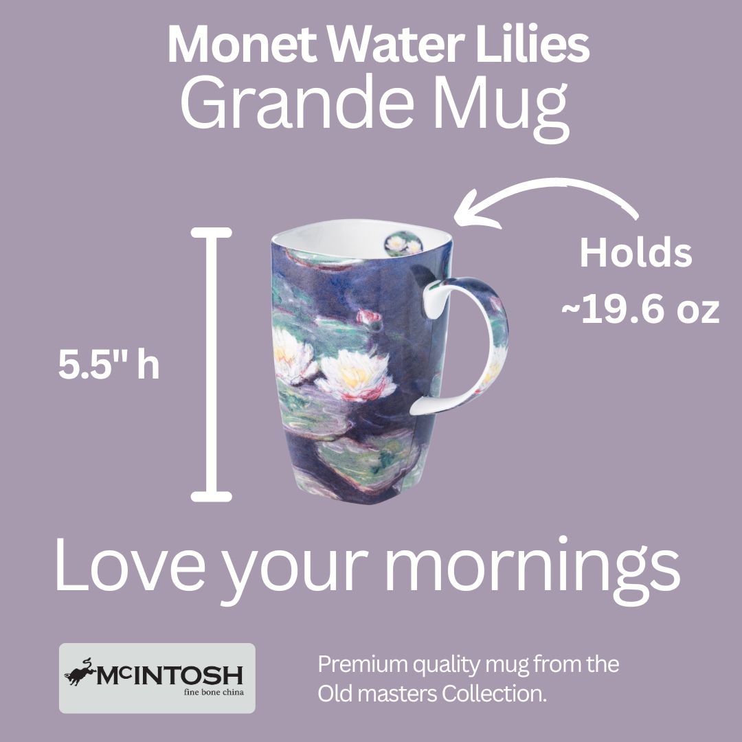 Claude Monet Water Lilies Grande Mug size guide, fine bone china, capacity: 580 ml / 19.6 oz, height: 5.5 in, 3.5 in wide, microwave & dishwasher safe, purple background