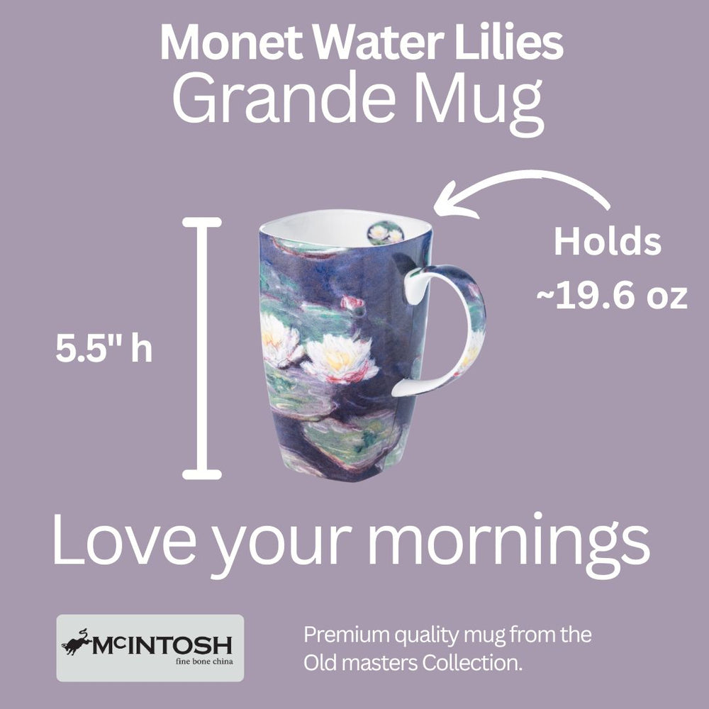 Information card: Grande mugs are 5.5" high, 3.5" wide and holds 19.6 oz of liquid.