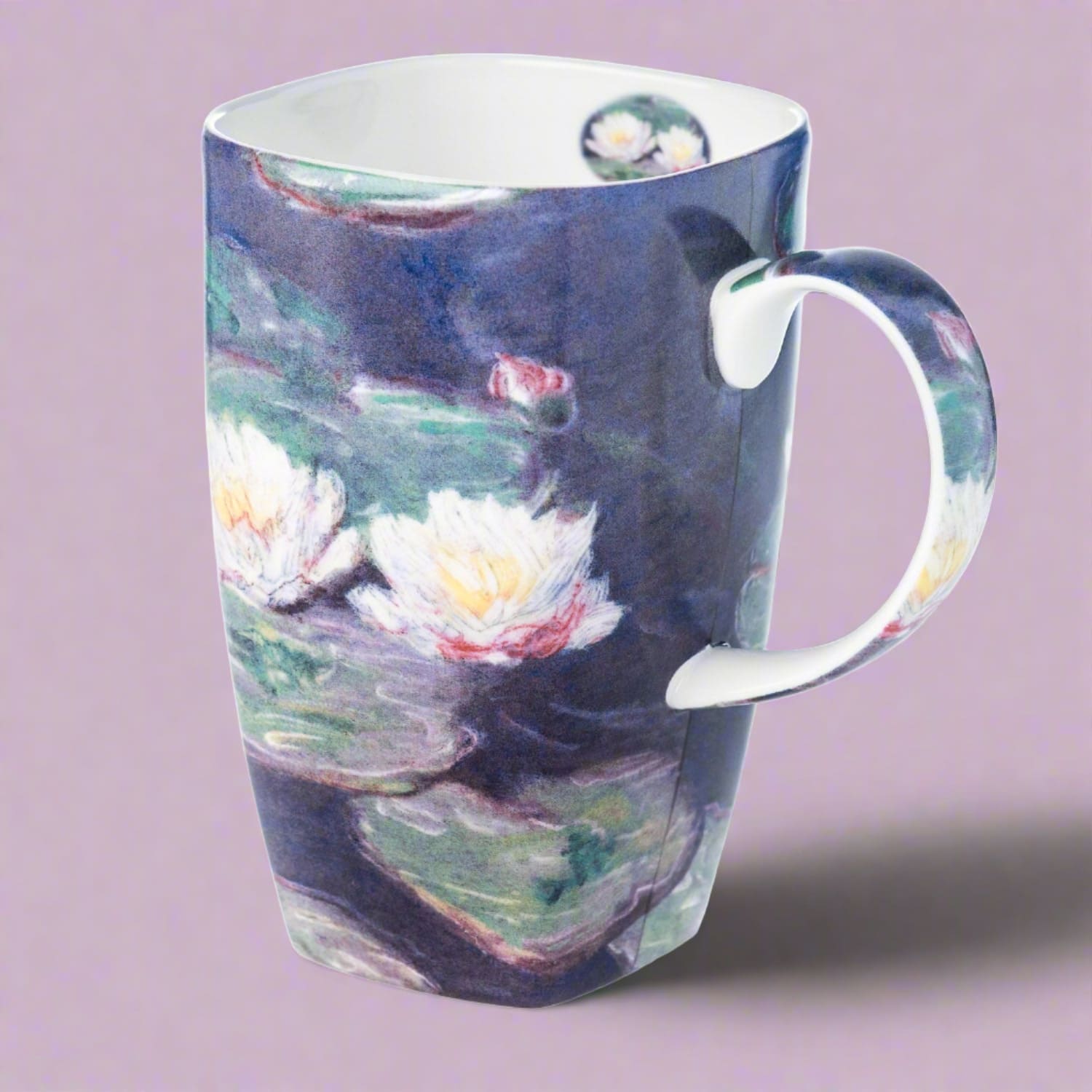 Claude Monet Water Lilies Grande Mug in fine bone china, 580 ml / 19.6 oz, front view, handle right, purple background