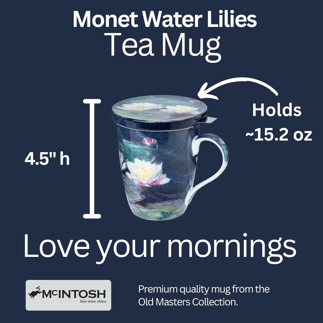 Claude Monet Water Lilies Tea Mug size guide in fine bone china, 450 ml (15.2 oz) capacity, 4.5 in height