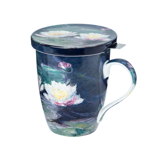 A fine bone china tea mug and infuser wrapped in the painting Water Lilies by Claude Monet against a white background. 