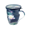 A fine bone china tea mug and infuser wrapped in the painting Water Lilies by Claude Monet against a white background. 