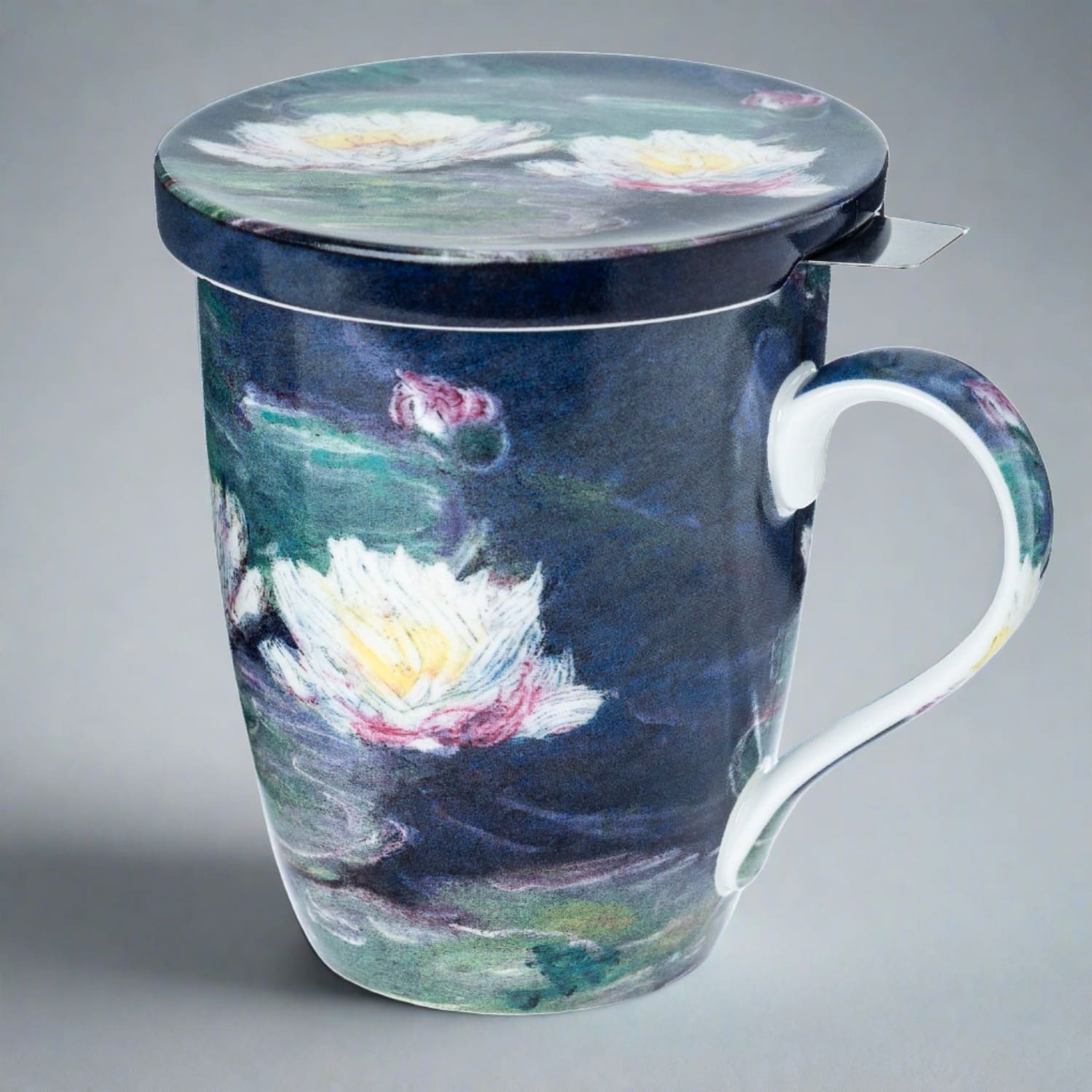 Claude Monet Water Lilies Tea Mug in fine bone china, front view, handle right, grey background
